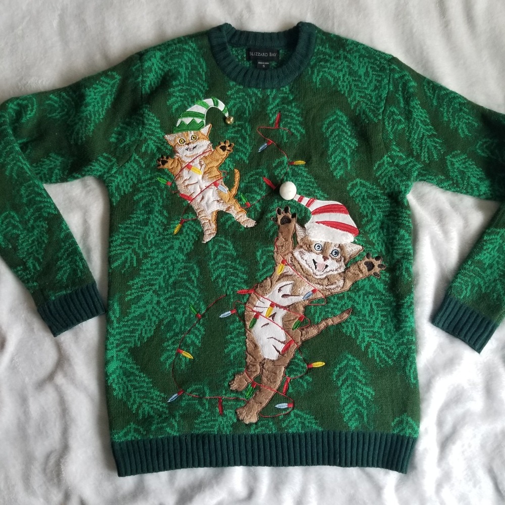 Blizzard Bay Ugly Christmas Sweater Clawing Cats Bells Christmas Tree Small